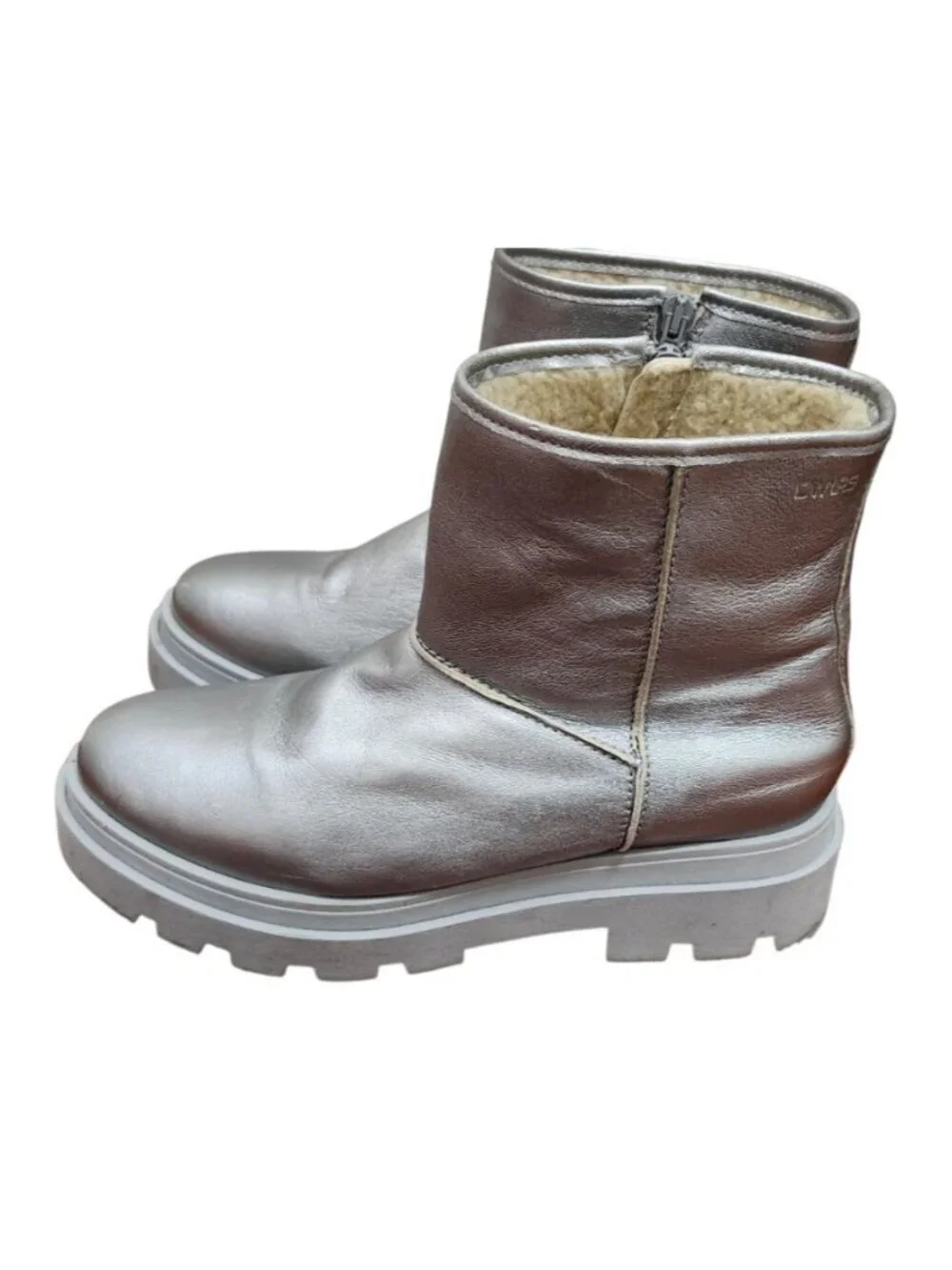 DWRS Metallic Silver Leather Ankle Boots Shearling Lined Platform Lug Sole 10.5